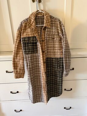 Mystree Patchwork Houndstooth Long Coat in Brown and Black